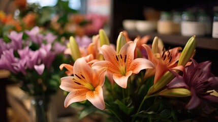Beautiful Lily flowers. Mother's day concept with a space for a text. Valentine day concept with a copy space.