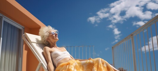 senior retired woman in summer outfit sunbathing lying on sun bed on the balcony of hotel on sunny day with blue sky - obrazy, fototapety, plakaty
