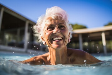 senior woman smiling in outdoor spa pool enjoying life on sunny day in summer at resort hotel