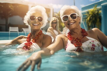 diverse senior women in sunglasses smiling in outdoor spa pool enjoying life on sunny day in summer...