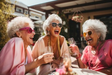 diverse senior women drinking wine or champagne at restaurant or hotel bar. Retired lady friends smiling, being happy and enjoying life. 