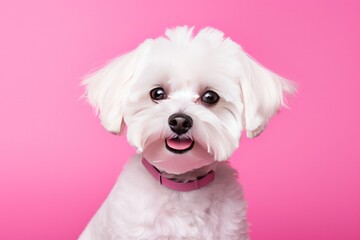 white maltese dog or Bichon frise breed puppy portrait on pink background closeup. Vet clinic, dog trainer, dance studio, grooming salon website banner.