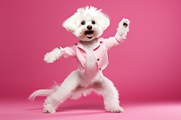 white maltese dog or Bichon frise breed puppy dancing on pink background. Vet clinic, dog trainer, dance studio, grooming salon website banner.