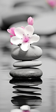 pyramid or tower of stones on the river bank, zen, harmony, chedo, water, rocks, lake, spa, relaxation, nature, tranquility, beauty, balance, landscape, minerals, shape, structure, religious, flower