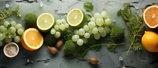 Fresh fruits and berries, grapes on green background