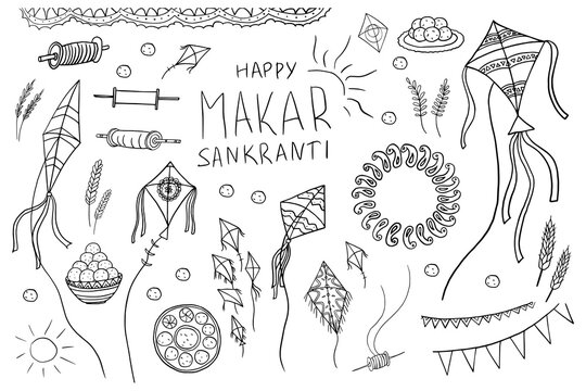 Beautiful set of Happy Makar Sankranti festival objects and symbols. Festival is dedicated to the Hindu religious sun god Surya. Kite, rye, spikelet, sun, drums, wheat, harvest, gurh and gachak.
