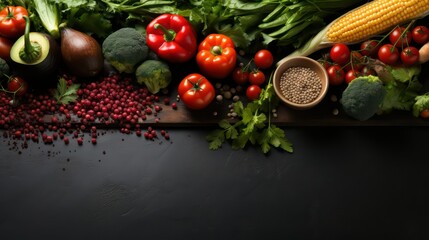 Variety of fresh herbs and vegetables on one side wooden background