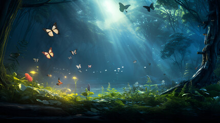 A blue forest at sunset filled with magical butterflies dancing in the soft light,Dream magic forest. Illustration AI Generative
