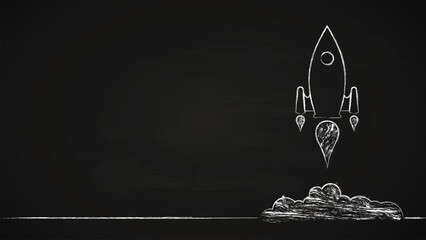 Chalk hand drawing rocket launch on blackboard with copy space text area for business, start up and education concept - obrazy, fototapety, plakaty