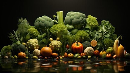 Variety of raw organic vegetables in the kitchen with reflection in water