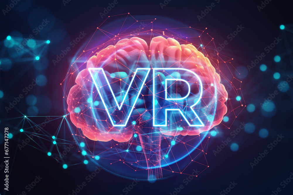 Poster Brain with VR inscription in a digital network. Generative AI