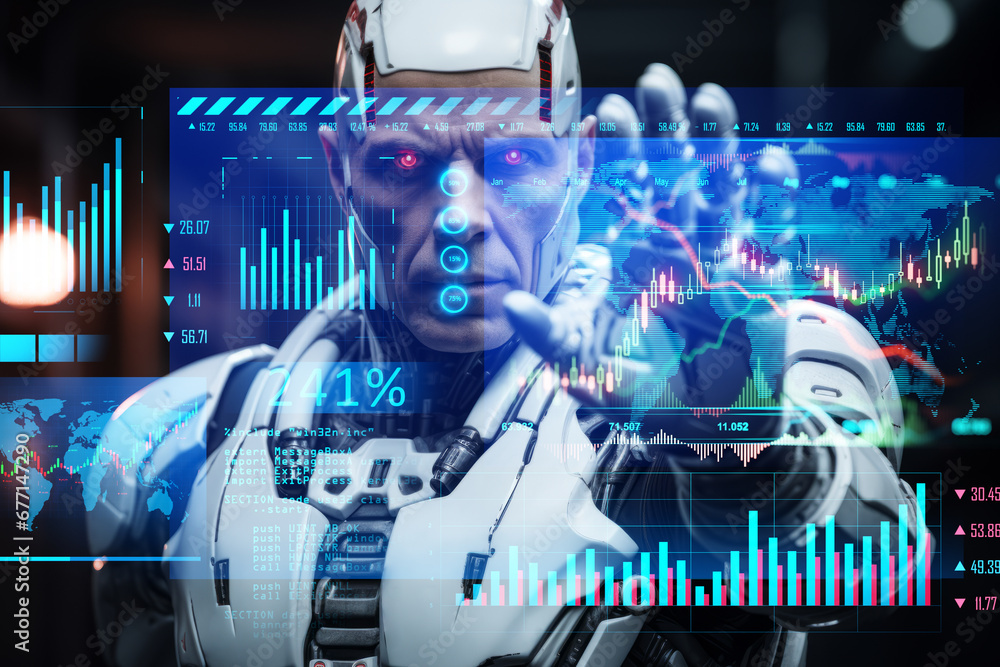 Aufkleber robot with stock market analysis interface, generative ai