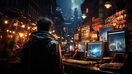 Trader's Back View with Trading Terminal in the Background. Financial Professional at Work
