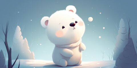 Cute Cartoon Polar Bear sitting on the snow in the winter forest. Beautiful background for banner and greeting card for Christmas, New Year, XMas, Winter holiday
