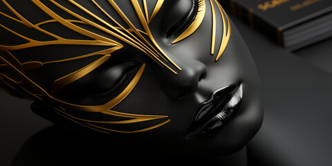 Gesicht einer Frau in speziellen grandiosen schwarz  mit golden Applikationen und Airbrush im Gesicht Nahaufnahme für die Kosmetik als Poster, ai generativ