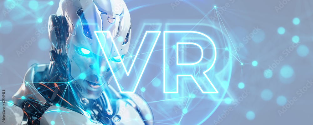 Poster Advanced VR technology concept with humanoid robot. Generative AI