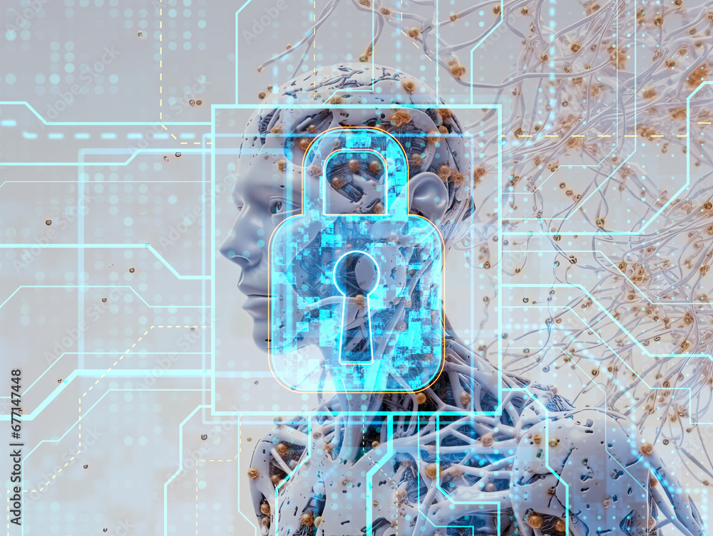 Poster cybersecurity digital lock on humanoid robot. generative ai