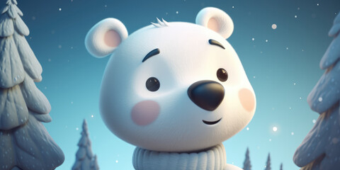 Obraz na płótnie Canvas Cute Cartoon Polar Bear in winter snowy forest