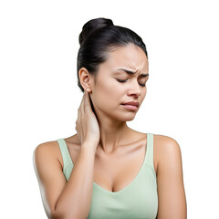 Expression of discomfort, woman holds her neck, eyes closed, depicting tension and pain, with background removed, Fatigue Symptoms, people concept, generative ai