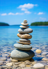 Fototapeta na wymiar pyramid or tower of stones on the river bank, zen, harmony, chedo, water, rocks, lake, spa, relaxation, nature, tranquility, beauty, balance, landscape, minerals, shape, structure, religious cult