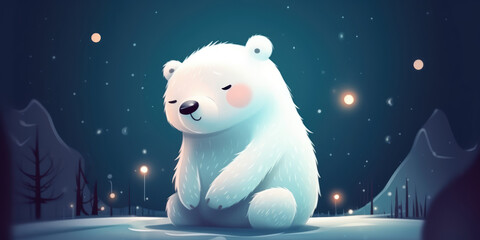 Obraz na płótnie Canvas Cute Cartoon Polar Bear sitting on the snow in the winter forest at night. Beautiful background for banner and greeting card for Christmas, New Year, XMas, Winter holiday