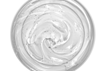 Transparent cosmetic gel in a round jar. View from above. On an empty background.