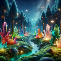 Enchanted Forest with Magical Crystals, Luminous Plants, and Starry Sky - Concept of Mystical Wilderness and Fantasy Adventure