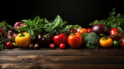 Variety of fresh herbs and vegetables on the table wooden background