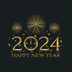 happy new year 2024 - golden design, golden fireworks, clock, confeti, no background