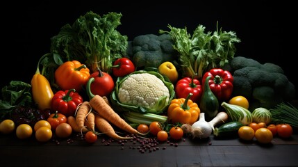 Variety of raw organic vegetables in the kitchen lay on the table