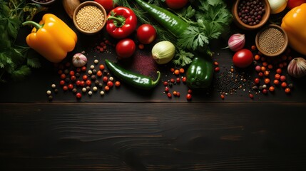 Obraz na płótnie Canvas Vegetables and spices on black wooden background table top view