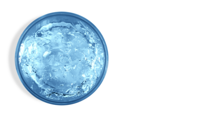 Transparent blue cosmetic gel in a round jar. On an empty background.