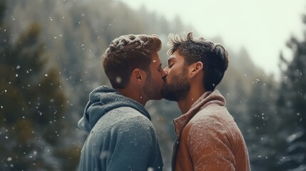 Gay love, non-traditional values and freedom of speech. Two young attractive guys hug and kiss in winter forest during a snowfall. Generative AI.