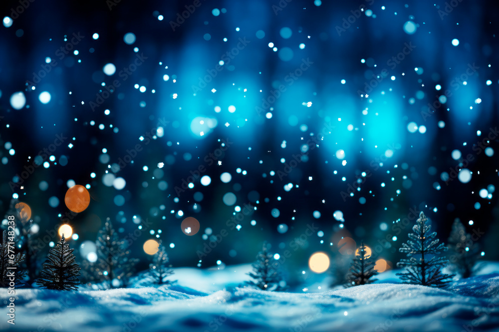 Aufkleber winter landscape with snow covered fir trees and bokeh lights. generative ai