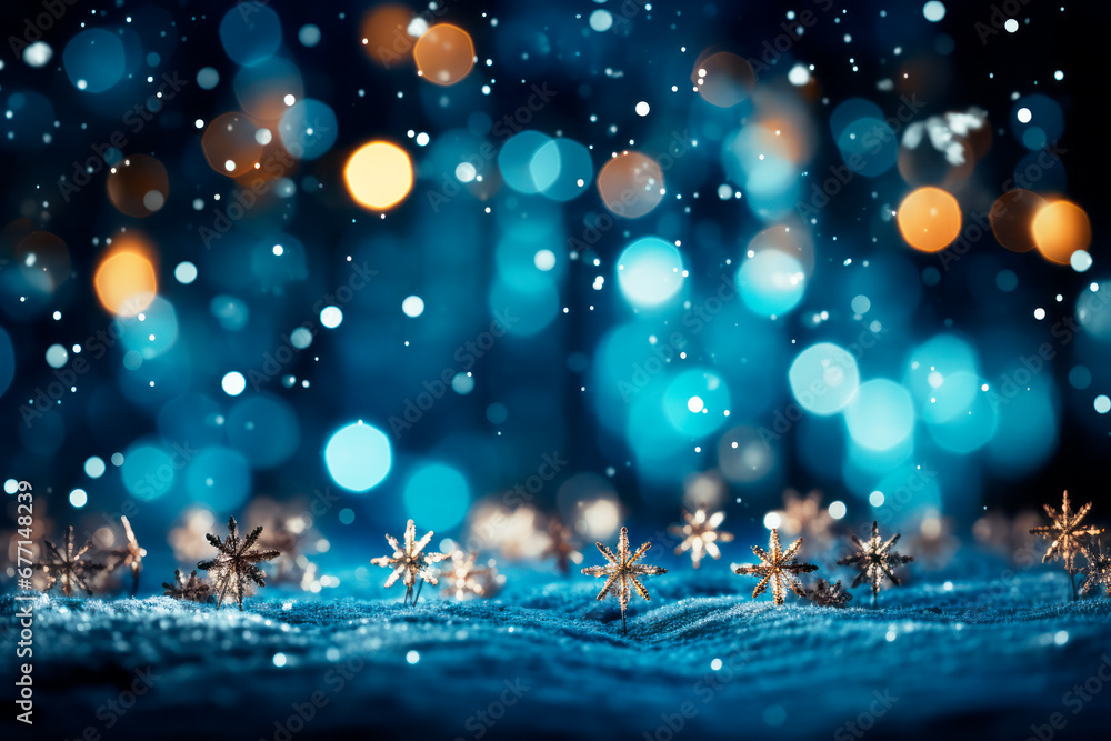 Aufkleber christmas background with snowflakes and bokeh lights on blue. generative ai