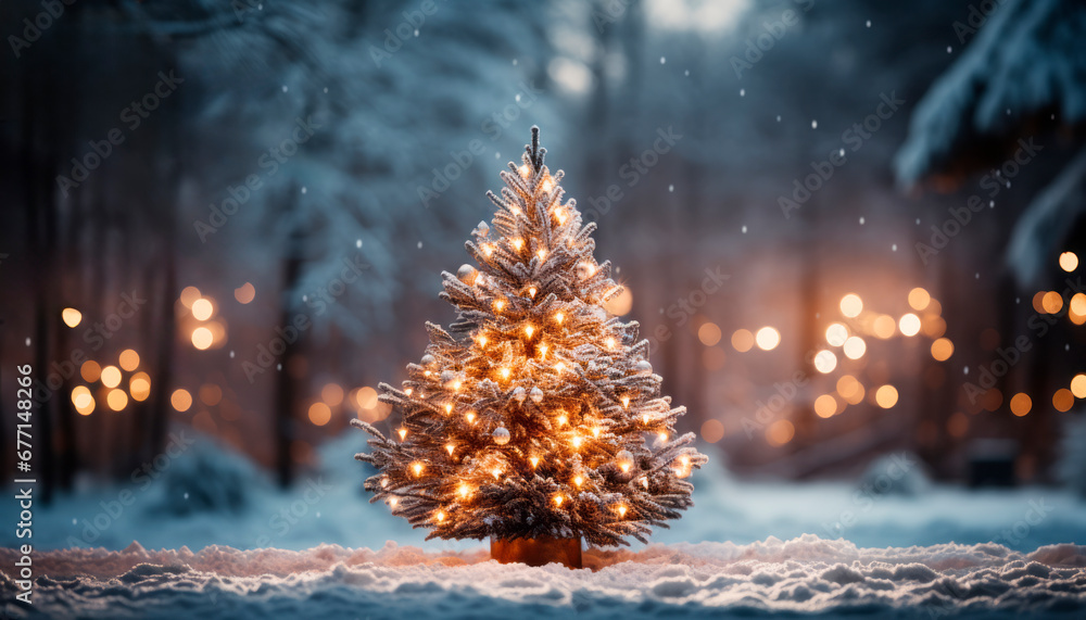 Aufkleber christmas tree in the snow with bokeh lights on background. generative ai