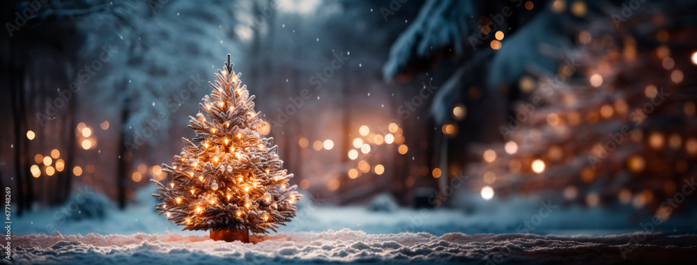 Poster christmas tree on snow with bokeh lights. christmas background. generative ai