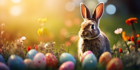 Fototapeta na wymiar many easter eggs around a rabbit in a lawn full of flowers, lens flares, bokeh panorama, vibrant colorscape