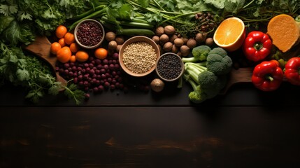 Variety of fresh herbs and spices on upper side of tab wooden background