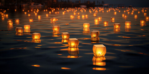 Floating Lanterns Released on a Lake During a Festival. Beautiful sky lanterns shining like countless stars on a lake where the sunset has fallen  - obrazy, fototapety, plakaty