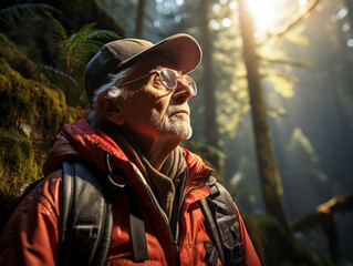 Aging man with a gentle smile basking in forest sunlight. Generative AI