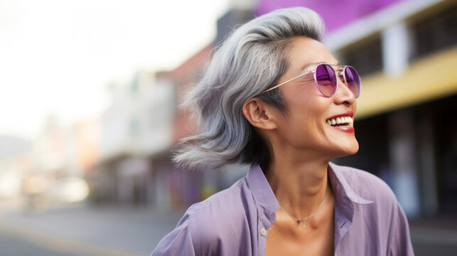 Stylish asian woman with silver hair and sunglasses laughing on an urban street