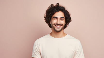 Fototapeta na wymiar Joyful young man with curly hair smiling against a peach background.