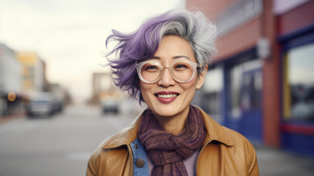 Trendy asian  woman with purple hair and glasses smiles on a city street
