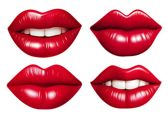 Set of 3d realistic red lips showing teeth isolated on white or transparent background, png. - obrazy, fototapety, plakaty