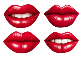 Fotobehang Set of 3d realistic red lips showing teeth isolated on white or transparent background, png. © Vladislav Bezrukov