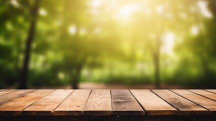 The empty wooden table top with blur background of forest . Exuberant image. soft focus background. copy space.
