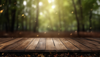 The empty wooden table top with blur background of forest . Exuberant image. soft focus background. copy space. - obrazy, fototapety, plakaty