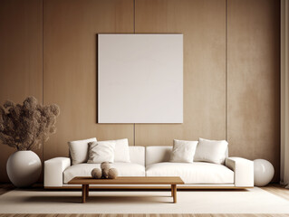 Minimalist living room with white sofa and abstract art. Generative AI