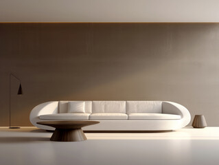 Minimalist living room with harmonious earth tones and sleek furniture. Generative AI